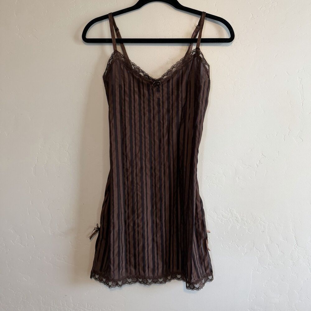 Rampage Intimates Y2K Striped Babydoll Slip Dress Lace Trim Bows Women's Small